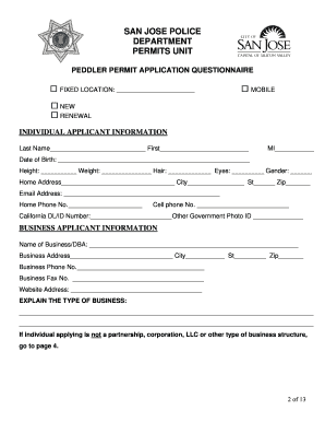 Peddler Application San Jose Police Department Sjpd  Form