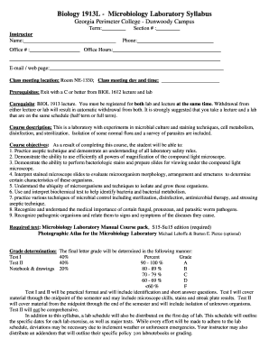 Biology 1913L Microbiology Laboratory Syllabus Georgia  Form