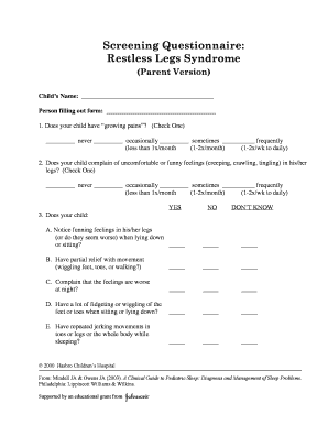 Screening Questionnaire Restless Legs Syndrome Pulmonary Pediatrics Med Ufl  Form