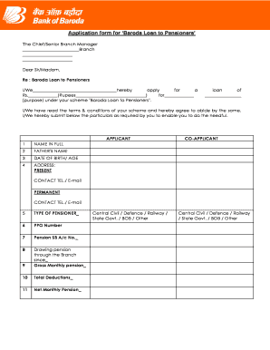 Application Form for Baroda Loan to Pensioners Bank of Baroda