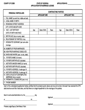 Georgia Application Marriage License  Form