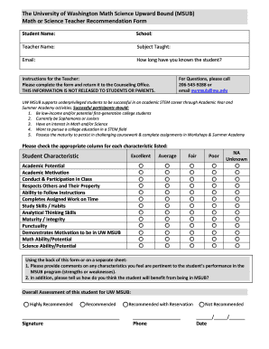 Teacher Recommendation Form for Student