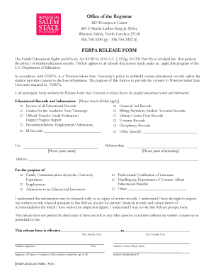 FERPA Release Form Winston Salem State University Wssu