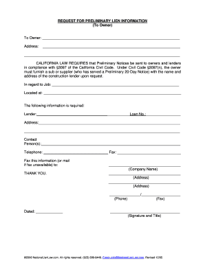 Pre Lien Information Request Form