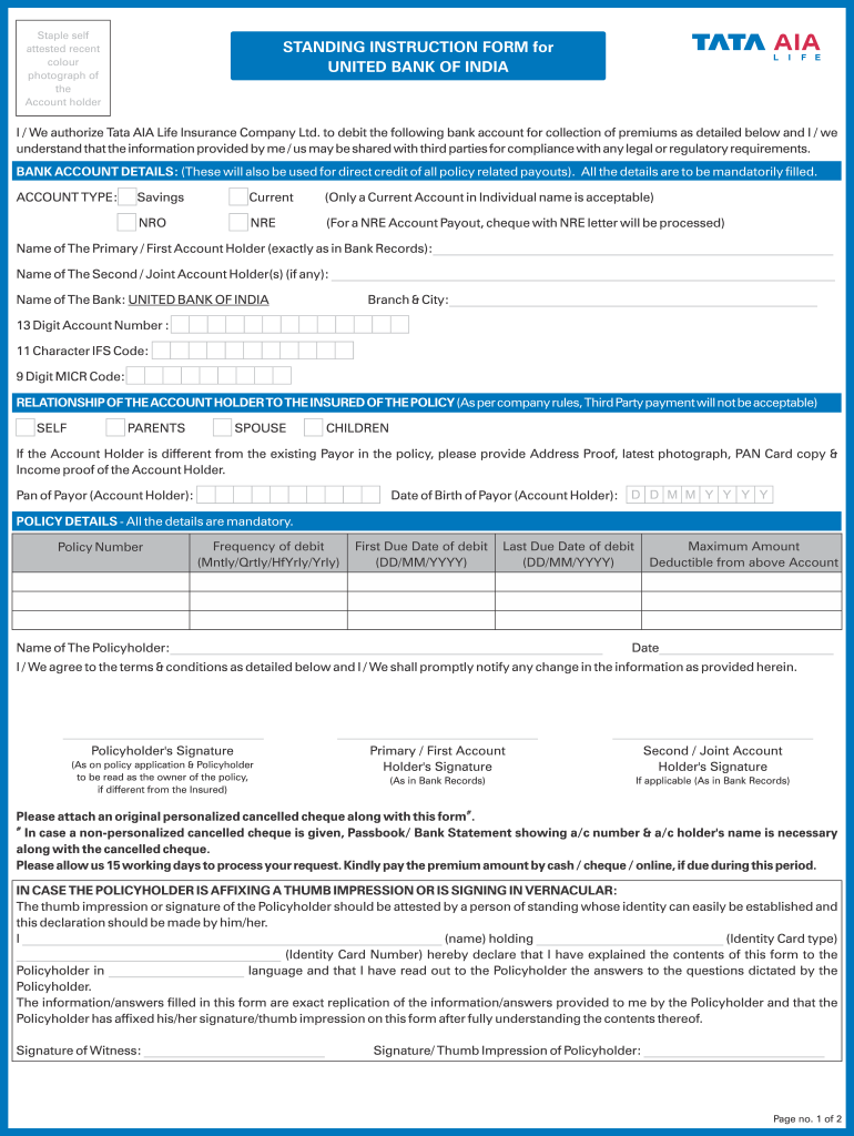 STANDING INSTRUCTION FORM for UNITED BANK Tata AIA Life