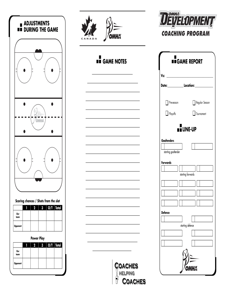 Printable Hockey Coach Game Card  Form