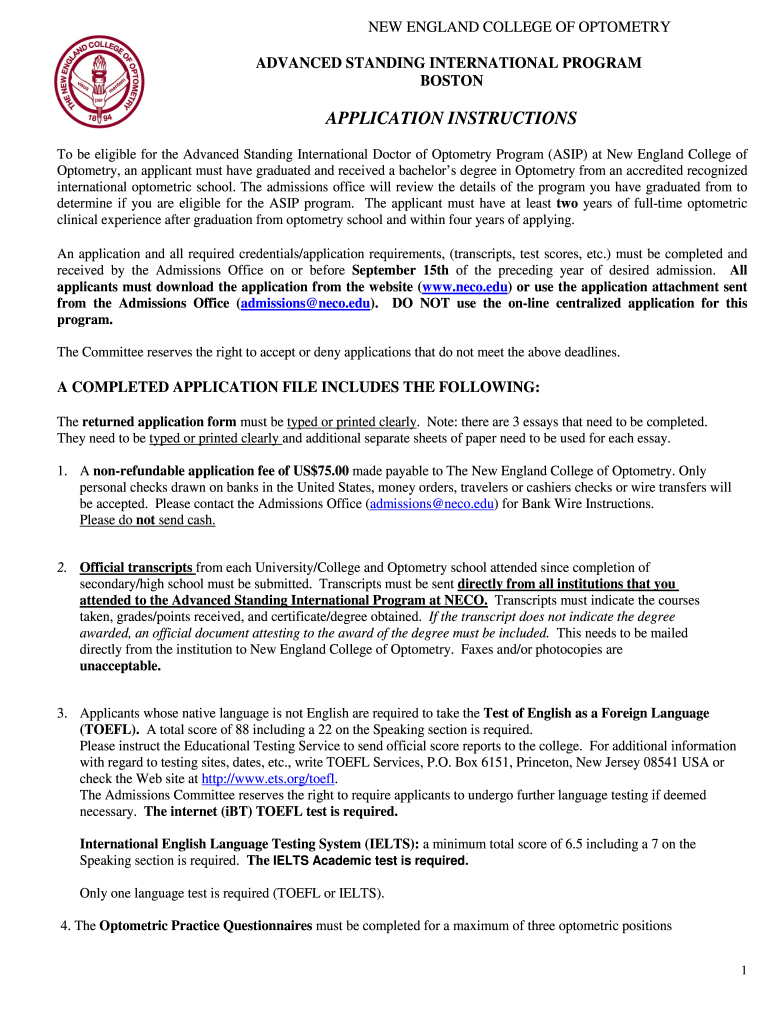 ASIP Application Form New England College of Optometry Neco