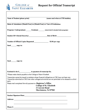 College of Saint Elizabeth Transcript Request  Form