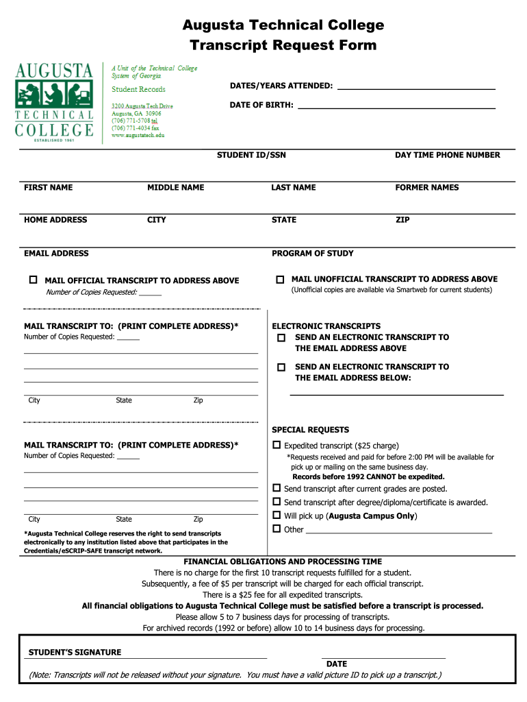 Augusta Technical College Transcript Request Form  Augustatech