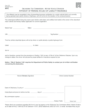 Affidavit of Nonuse in Lieu of Liability Insurance State of Oklahoma  Form