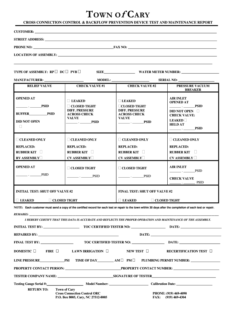 Testing and Maintenance Report  Town of Cary  Townofcary  Form