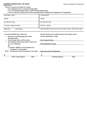 Wi Junked Vehicle Bill of Sale  Form