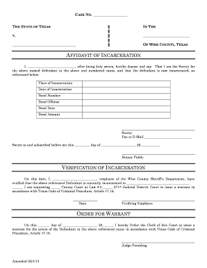 AFFIDAVIT of INCARCERATION VERIFICATION of Wise County Co Wise Tx  Form