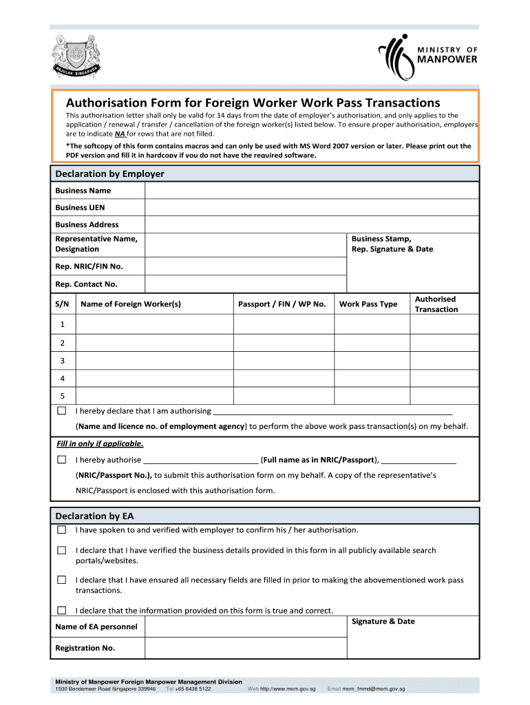  Authorisation Form for Foreign Worker Work Pass Transactions 2015