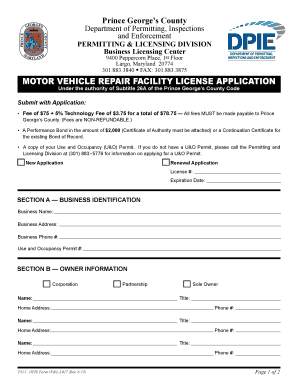 MOTOR VEHICLE REPAIR FACILITY LICENSE APPLICATION Princegeorgescountymd  Form