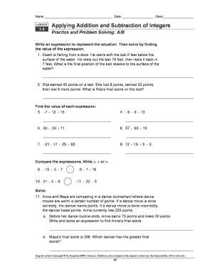 Applying Addition and Subtraction of Integers  Form