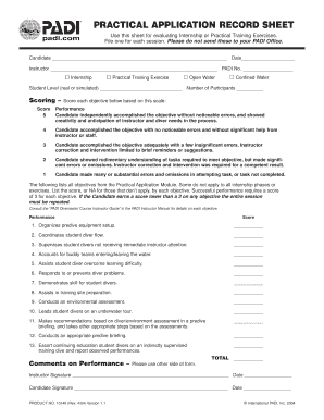 Practical Application Record Sheet A1 Scuba  Form