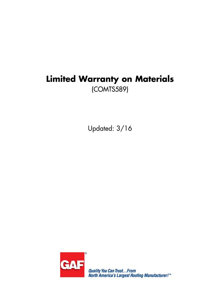 Limited Warranty on Materials COMTS589  GAF  Form
