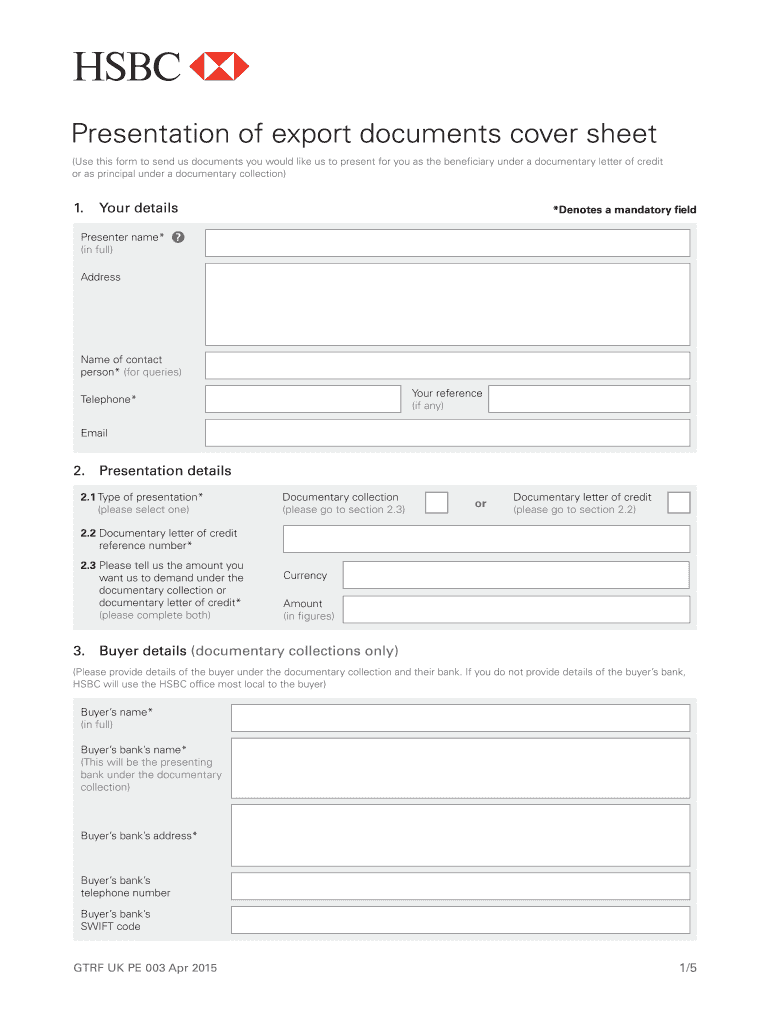 Presentation of Export Documents Cover Sheet PDF HSBC  Form