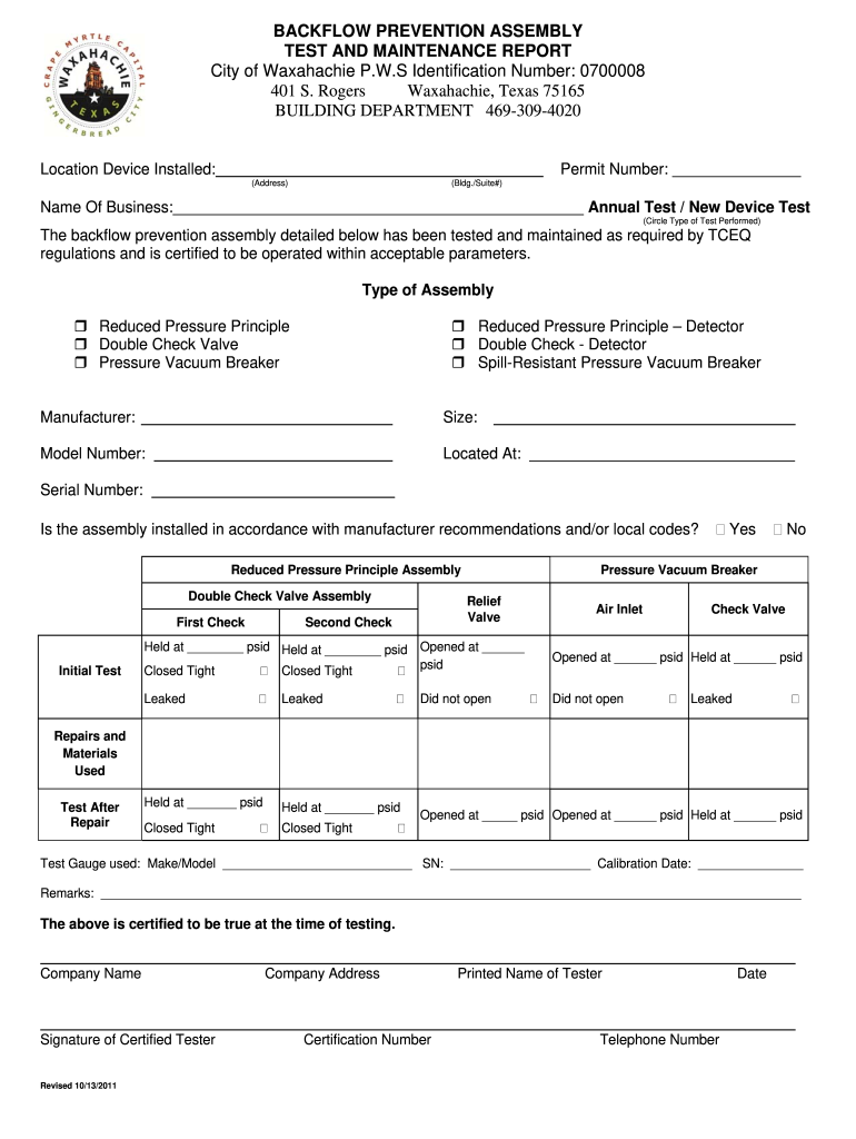  City of Waxahachie Backflow Test Report 2011-2024