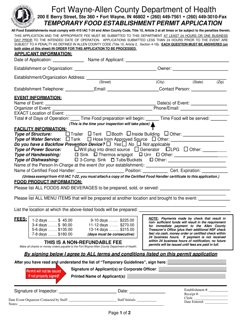  Temporary Food Establishment Permit Application  Fort Wayne 2015-2024