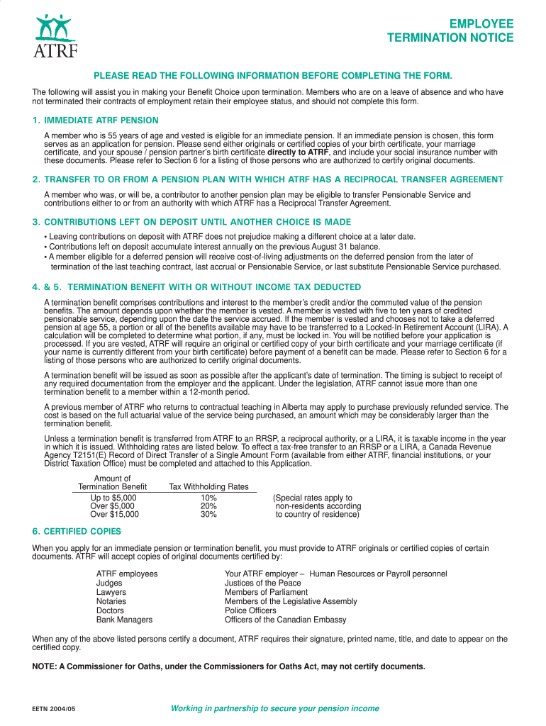  EMPLOYEE TERMINATION NOTICE PLEASE READ the FOLLOWING INFORMATION BEFORE COMPLETING the FORM Genealogy Clearview Ab 2004