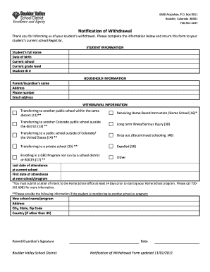 Notification of Withdrawal Schools Boulder Valley School District  Form