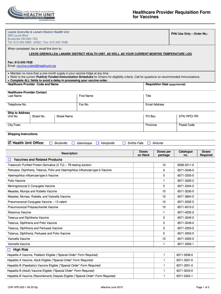  Health Unit Vaccine Order Form Leeds Grenville and Lanark 2015