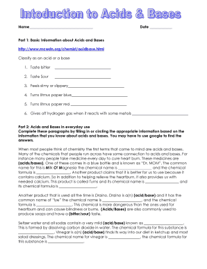 Introduction to Acids and Bases Worksheet Answer Key  Form