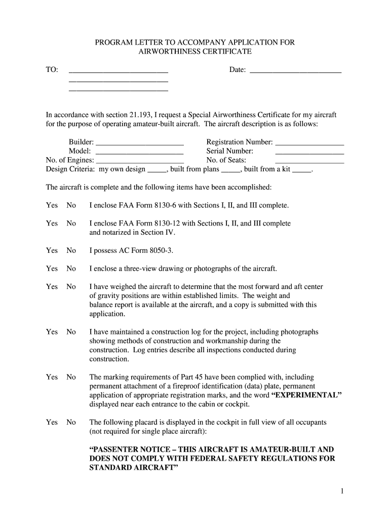 Program Letter to Accompany Application for Airworthiness Certificate  Form
