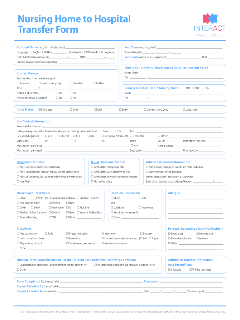 Hospital Transfers from Nursing Home Form