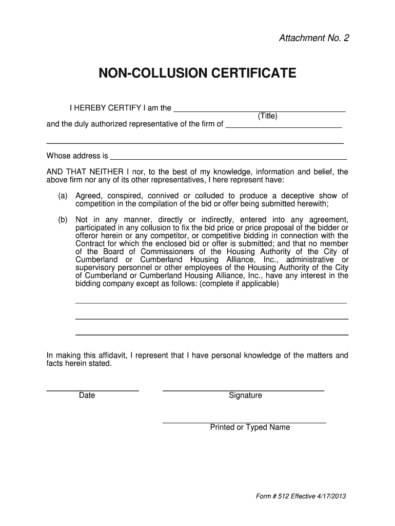  Attachment No 2 Non Collusion Certificate BFormb 512 2013