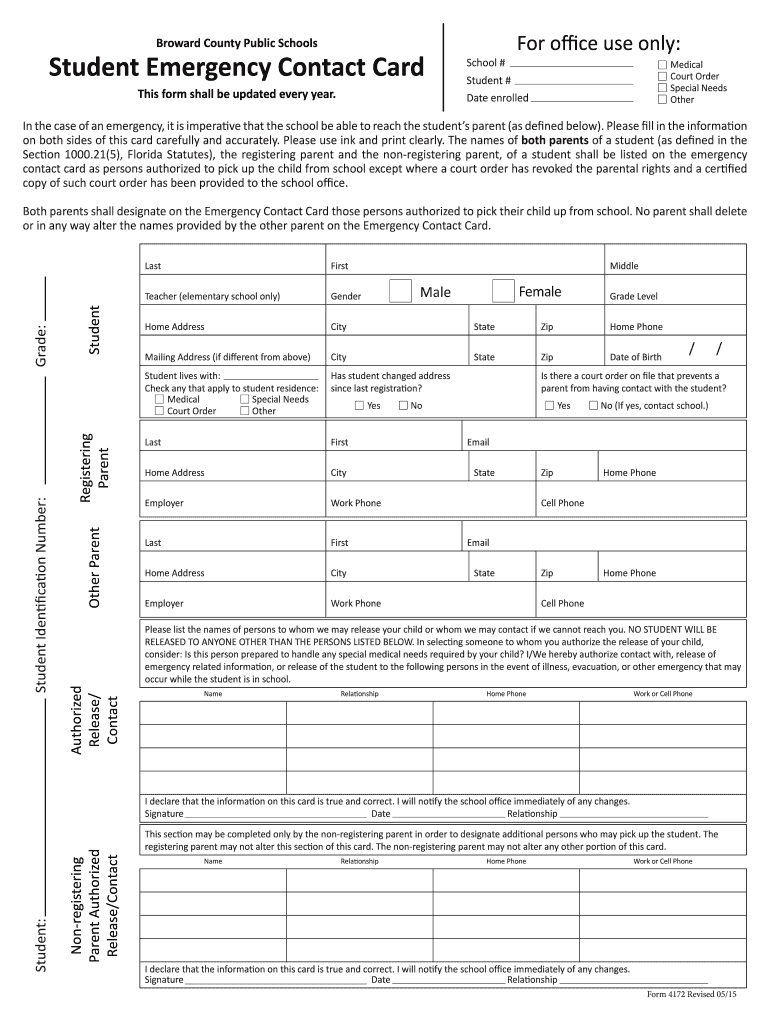  Broward County Public Schools Student Emergency Contact Card 2015-2024