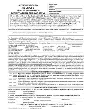 The Authorization to Release Medical Geisinger Health System  Form
