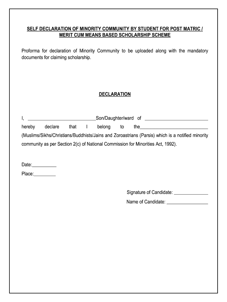 Self Declaration of Minority Community Certificate by the Students  Form