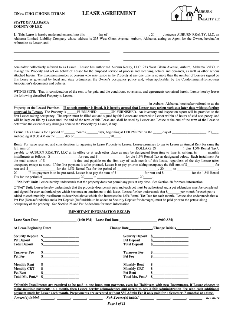 Lease Agreement   Auburn Realty  Form