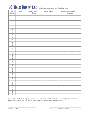 50 Hour Driving Log Sheet California  Form