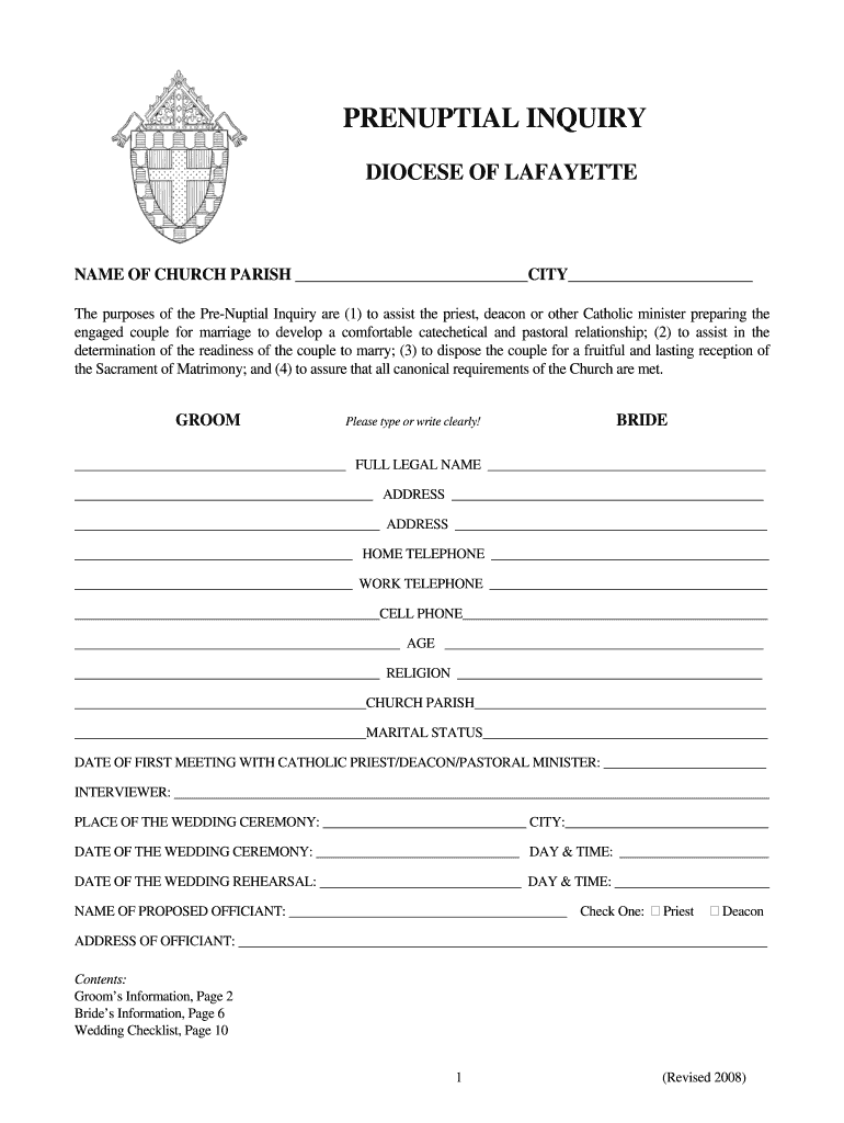 Prenuptial Inquiry Diocese of Lafayette  Form