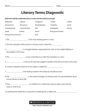 Literary Terms Diagnostic Worksheet Answer Key  Form