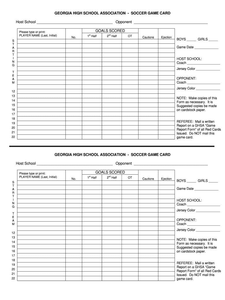 GEORGIA HIGH SCHOOL ASSOCIATION SOCCER GAME CARD  Form