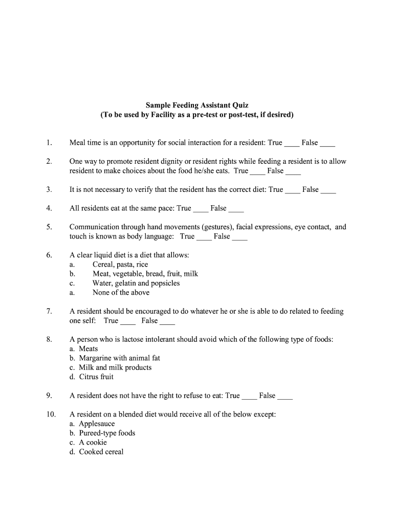 Sample Feeding Assistant Quiz to Be Used by Facility as a Pre Test  Form