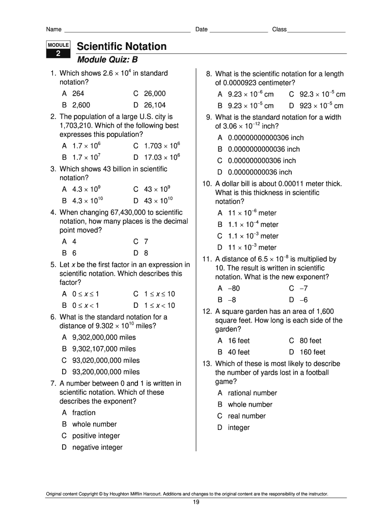 Module 2 Exponents and Scientific Notation Module Quiz B  Form