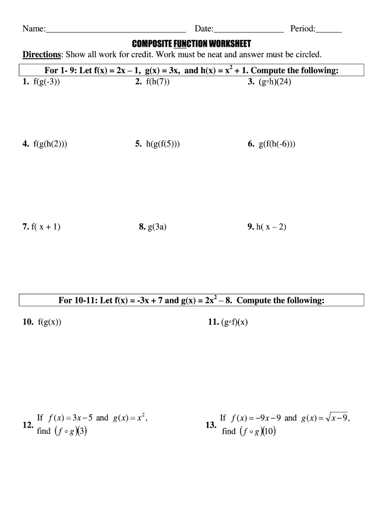 Composition of Functions Worksheet  Form