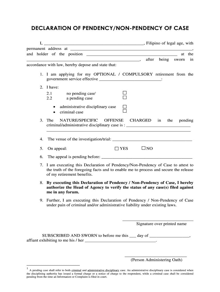 Declaration of Pendency Non Pendency of Case New Form