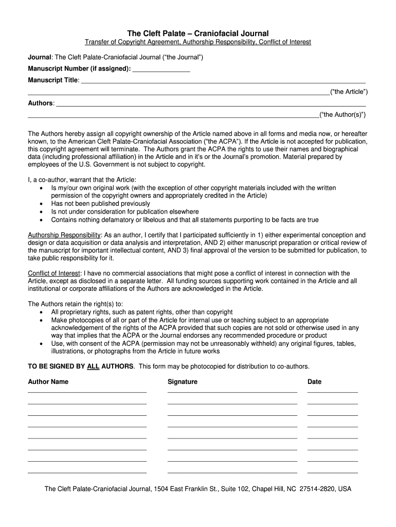 Copyright Transfer the Cleft Palate Craniofacial Journal  Form