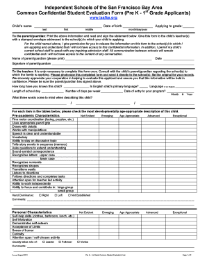 Common Confidential Student Evaluation Form Pre K 1st Grade Applicants Sfds