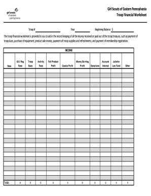 Girl Scout Finance Spreadsheet  Form
