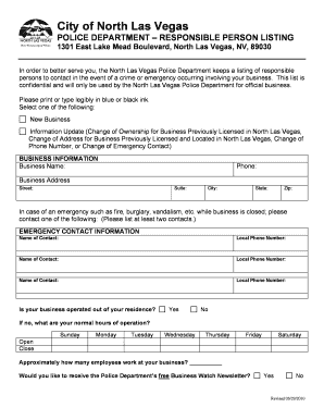 NLV PD Responsible Person Form City of North Las Vegas