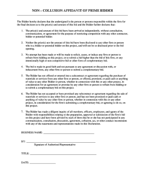 Non Collusion Affidavit of Prime Bidder  Form