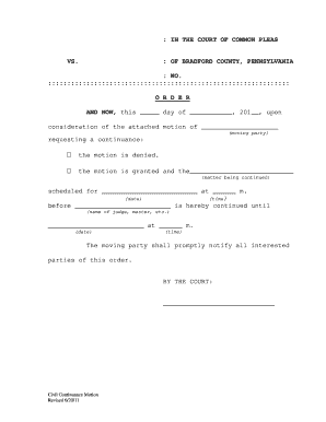 Civil Motion for Continuance Bradford County PA Form